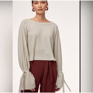 Aritzia Wilfred 100% Merino Wool Emmy Crop Beige Tie Sleeve Scoop Neck Sweater S